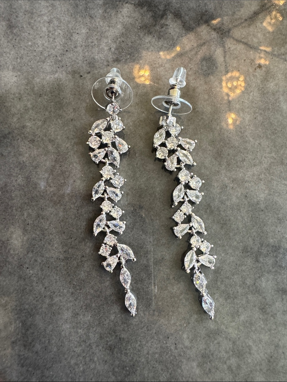 Crystal CZ Leaf Drop Earrings - Silver Tone 2.5” drop dangle - Picture 2 of 5